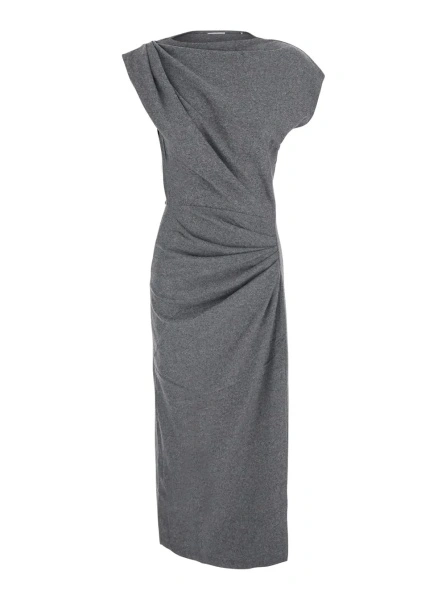 Rochii 'NAERYS' Grey Long dress with asymmetric design and all-over ruching in fabric for women