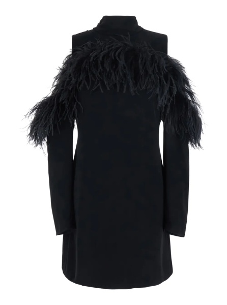 Rochii P.A.R.O.S.H. Black Dress with bow on the back and feathers in tech fabric for women