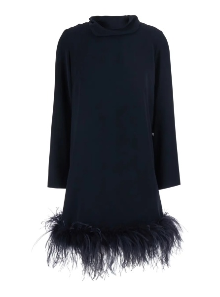 Rochii P.A.R.O.S.H. Black High Neck Dress with Bow on the Back and Feather Hem in Tech Fabric for Women