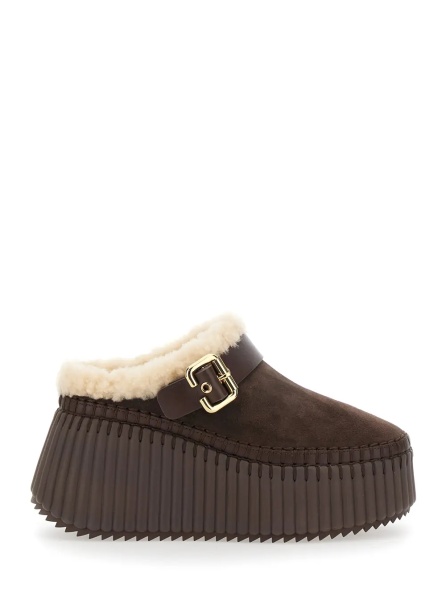 Saboti Brown Fur-Lined Mules with Buckled Strap in Suede for Women