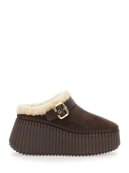 Saboti Brown Fur-Lined Mules with Buckled Strap in Suede for Women