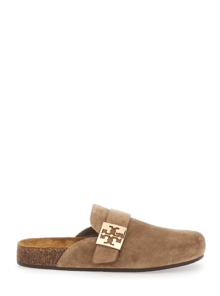 Saboti 'Mellow' Beige Suede Slip-On Mule with Metal Logo Buckle for Women