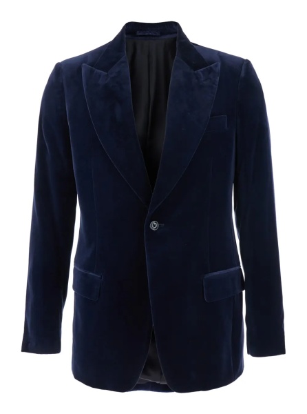 Sacou Blue Single-Breasted Jacket with Pointed Lapels in Velvet Man