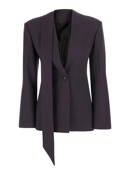 Sacou Brown single-breasted jacket with shawl lapels and ribbon on the front in wool for women