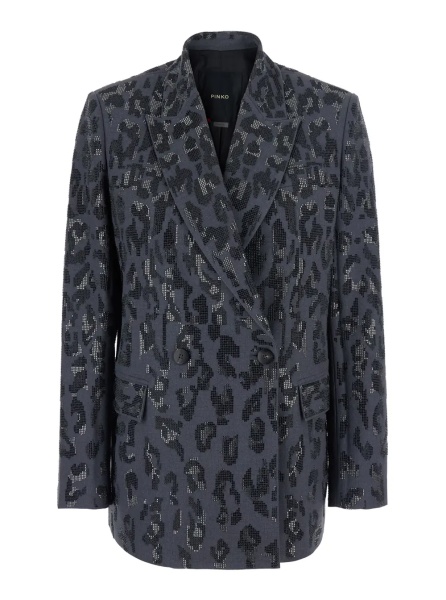 Sacou Gray Double-Breasted Jacket with Jaguar Embellishment with Rhinestones and Peak Revers in Stretch Tech Fabric for Women