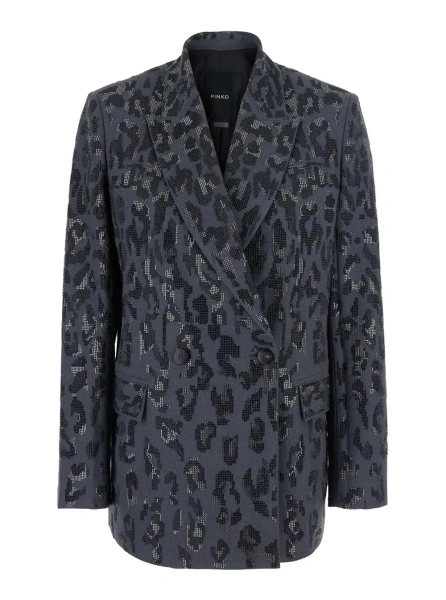 Sacou Gray Double-Breasted Jacket with Jaguar Embellishment with Rhinestones and Peak Revers in Stretch Tech Fabric for Women