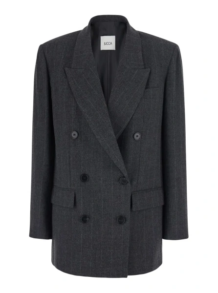 Sacou Grey Double-breasted Jacket with Prince of Wales Pattern in Blend Wool and Fabric Woman