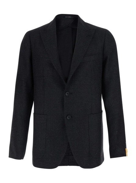 Sacou Grey Single-Breasted Jacket with Stripe Motif and Pin on Front in Wool for Men