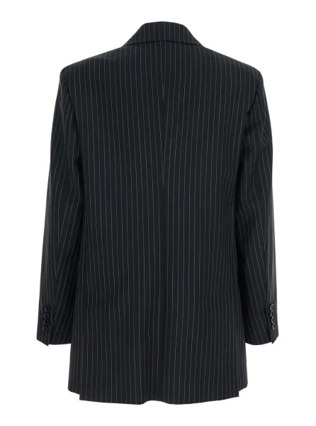 Sacou 'Mattia' Black Double-Breasted Jacket with Peak Revers and All-Over Striped Motif in Wool Woman