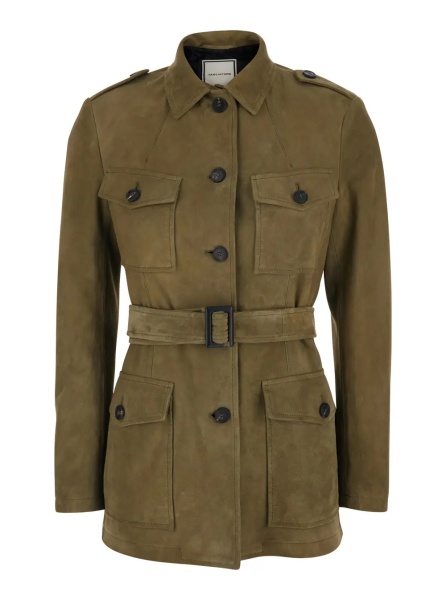 Sacou Single-breasted jacket with classic collar and green leather belt for women