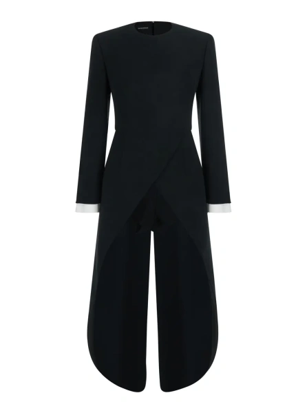 Salopete black Jumpsuit with round neckline and tail insert on the back in stretch wool crêpe for women