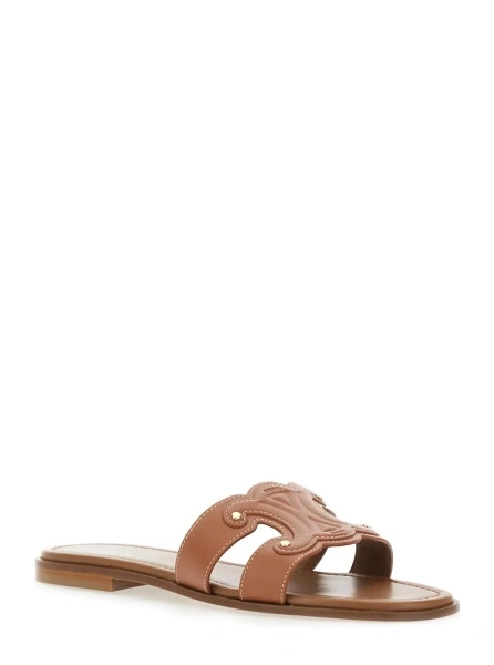 Sandale Round Toe Sandals with Triomphe Patch on the Front in Brown Leather for Women