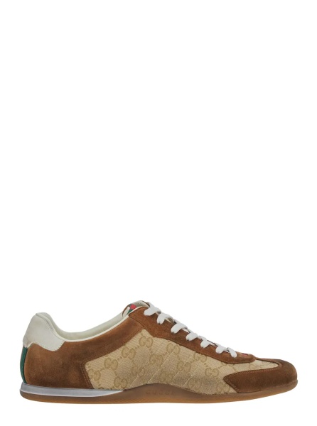 Sneakers Beige Low Top Sneakers with Web Detail on Tongue and Heel in GG Fabric and Suede for Men