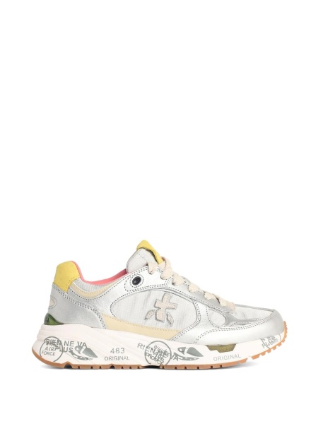 Sneakers Premiata argintii din fibre metalice si piele