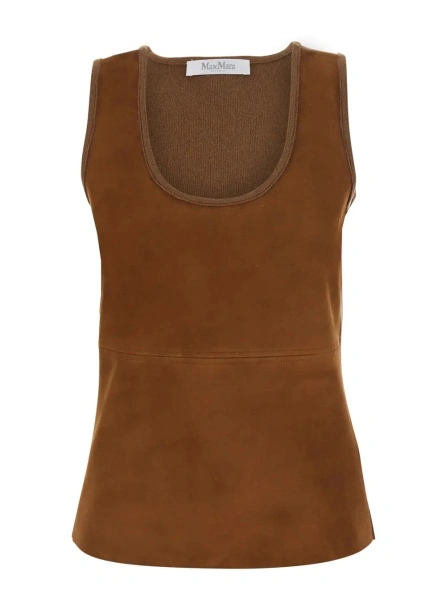 Topuri Beige Sleeveless Top with Round Neck in Wool and Cashmere for Women
