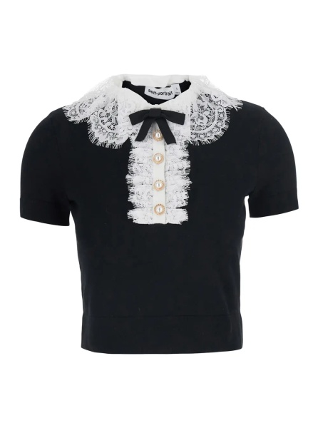Topuri black Top with collar with lace details in wool for women