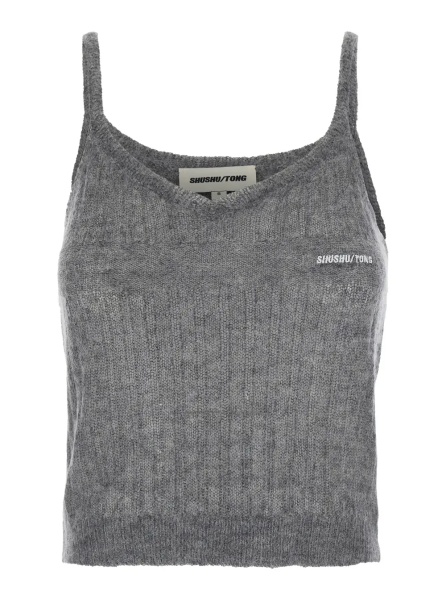Topuri Grey Top with Brushed-effect and Logo Lettering in Mohair and Wool Blend Women