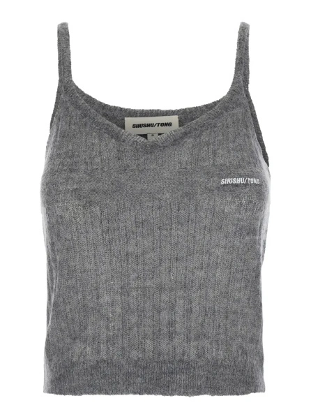 Topuri Grey Top with Brushed-effect and Logo Lettering in Mohair and Wool Blend Women