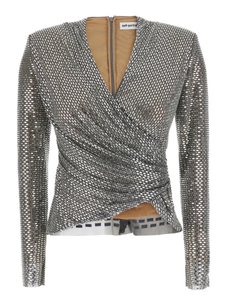 Topuri silver colored Top with draping and applied jewels all-over in Tech Fabric Women