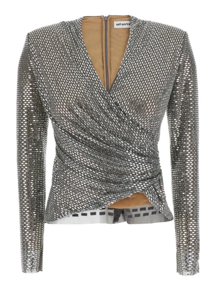 Topuri silver colored Top with draping and applied jewels all-over in Tech Fabric Women