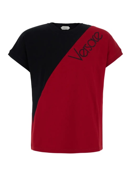 Tricou Black and Red Color-block T-shirt with logo lettering on the front in stretch cotton for men