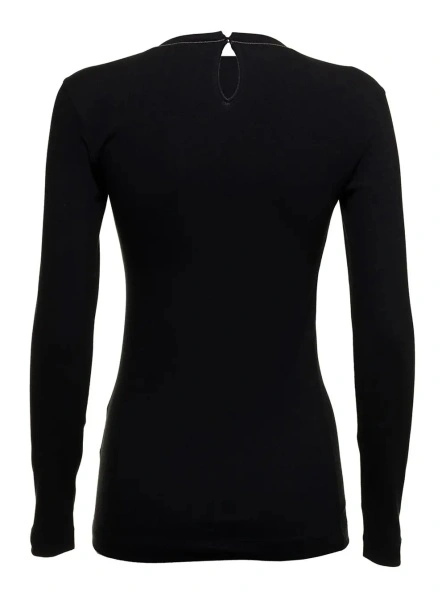 Tricou Black Long Sleeve T-shirt with Round Neck and Monile Details in Cotton Women