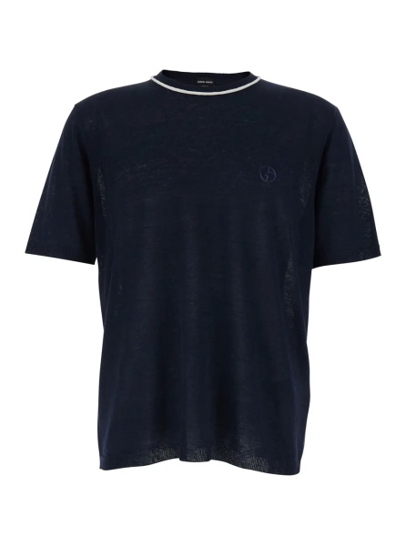 Tricou Blue Crew Neck T-shirt with Tone-on-Tone Logo on the Front in Linen and Silk Blend for Men