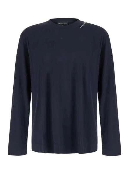 Tricou blue Long Sleeve T-shirt with logo on the collar in modal for men