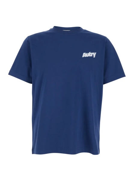 Tricou Blue T-shirt with Raised Collar and Logo on Front in Cotton Man