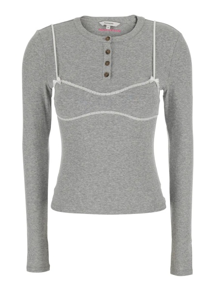 Tricou GREY LACE TRIM BRALETTE DETAIL LONG SLEEVE HENLEY TSHIRT with lace details, cotton and spandex, gray, women