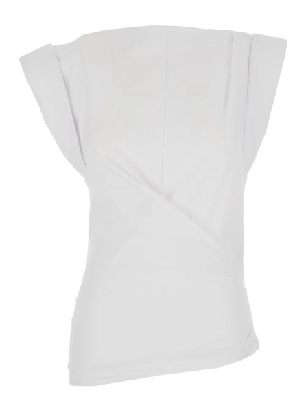Tricou 'Maisan' White T-Shirt with Asymmetrical Design and Logo Embroidery on the Back in Cotton for Women