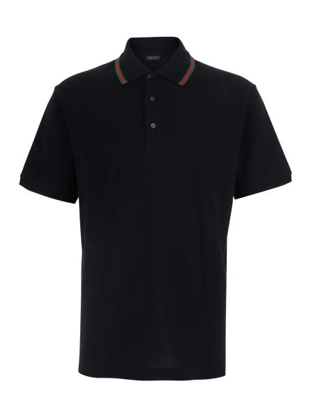 Tricou Polo Black Polo Shirt with Web Collar and Short Sleeves in Cotton for Men