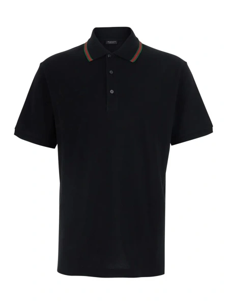 Tricou Polo Black Polo Shirt with Web Collar and Short Sleeves in Cotton for Men