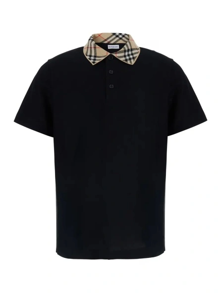 Tricou polo Burberry negru din bumbac cu guler cu motiv Check