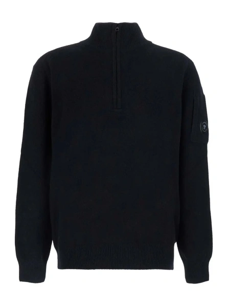 Tricou Polo Fleece Knit Polo Neck Sweater with Logo, Black, Man