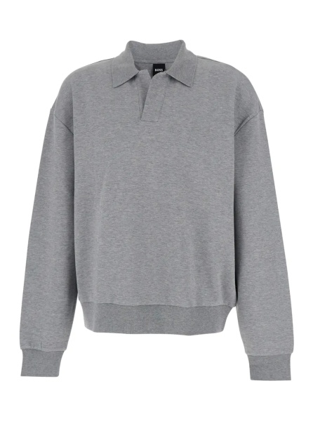 Tricou Polo Grey Long Sleeve Polo Shirt with Dropped Shoulders and Ribbed Finishes in Wool for Men