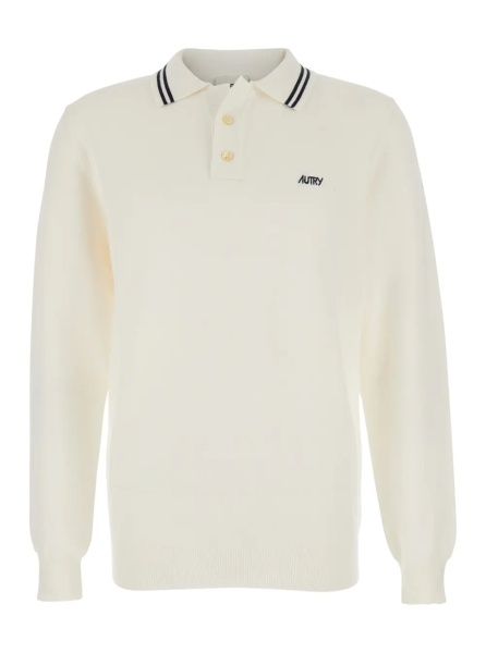 Tricou Polo White Long-Sleeve Polo Shirt with Striped Collar and Logo Lettering Embroidery on the Front in Wool and Cotton Blend Man
