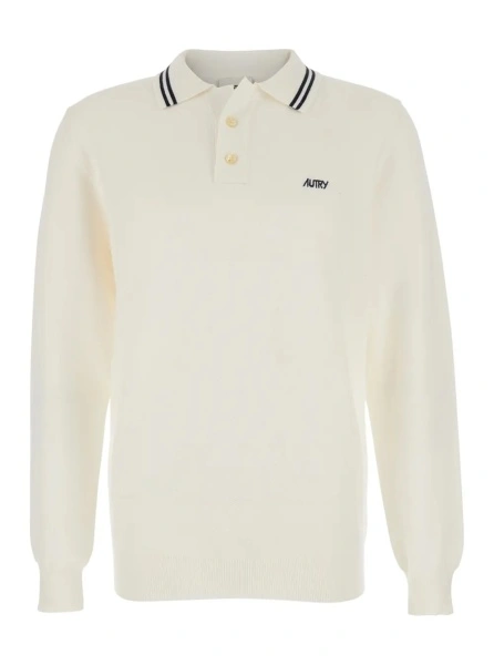 Tricou Polo White Long-Sleeve Polo Shirt with Striped Collar and Logo Lettering Embroidery on the Front in Wool and Cotton Blend Man