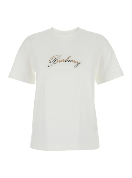 Tricou White Crew Neck T-Shirt with Logo Lettering on the Front in Cotton for Women