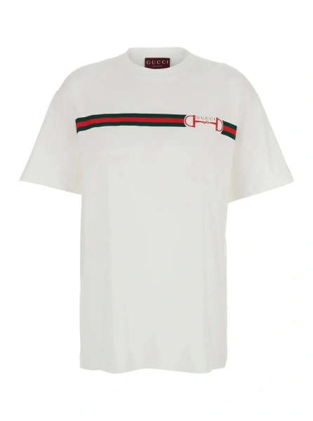 Tricou White Crew Neck T-Shirt with Logo Print on Front in Cotton Women