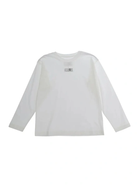 Tricou White Long Sleeve T-shirt with Round Neck and Logo on Front in Cotton for Boy