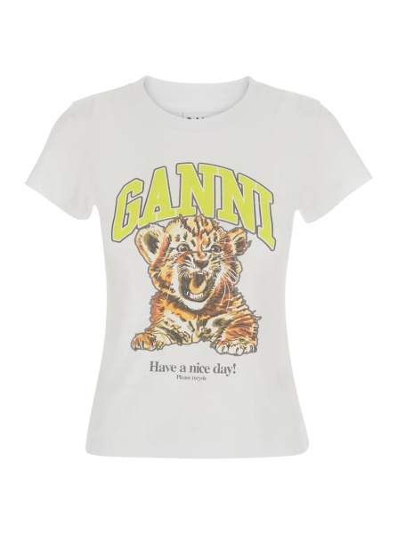 Tricou White Round neck T-shirt with maxi print on the front in cotton for women