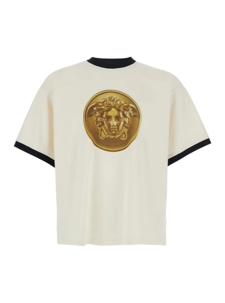 Tricou white T-shirt with Mudusa Doblone print on the front in cotton for men