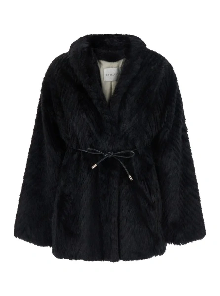 Blanuri Black shearling jacket with front belt in eco fur for women