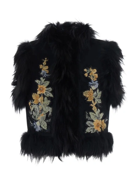 Blanuri Black Sleeveless Shearling Vest with floral embroidery in wool blend for women