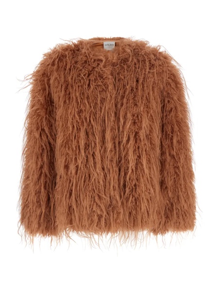 Blanuri Brown crew neck shearling jacket with front hidden closure in ecofur for women