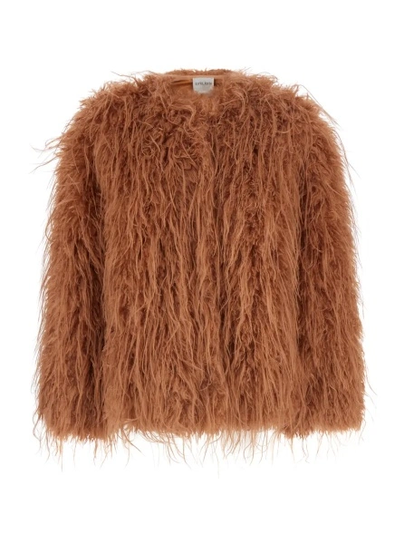 Blanuri Brown crew neck shearling jacket with front hidden closure in ecofur for women