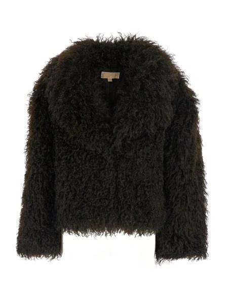 Blanuri Brown shearling jacket with a crop design in eco fur for women