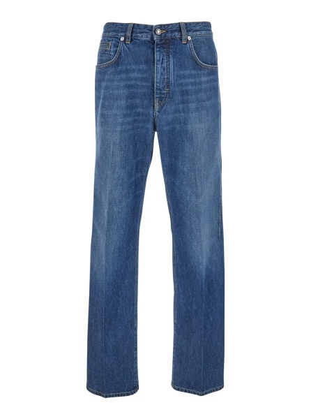 Blugi Blue Five-Pocket Jeans with Logo Patch on the Back in Denim Man