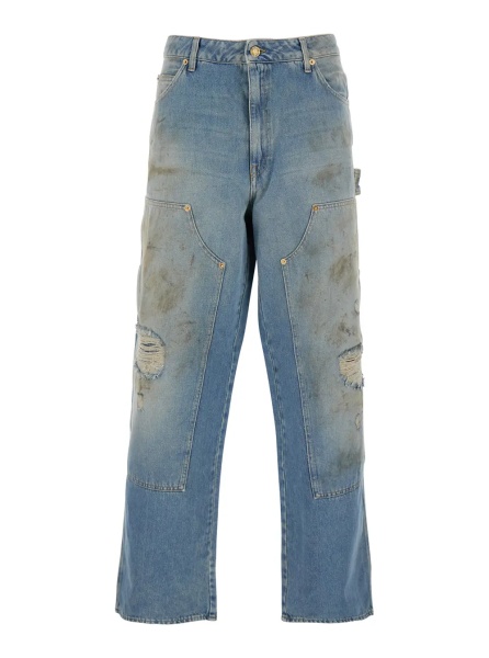 Blugi Light Blue Jeans with Ripped Details and Distressed Effect in Denim Man